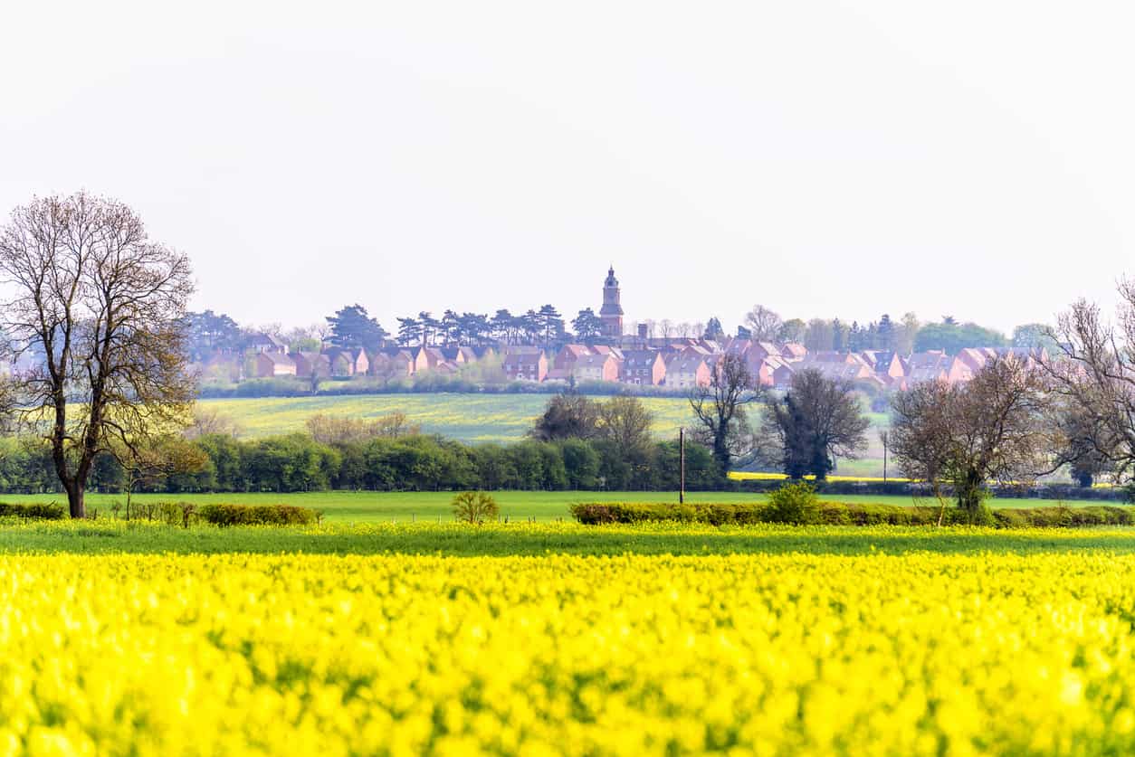 A picturesque view of the outskirts of Northampton with yellow rape seed fields surrounded by trees